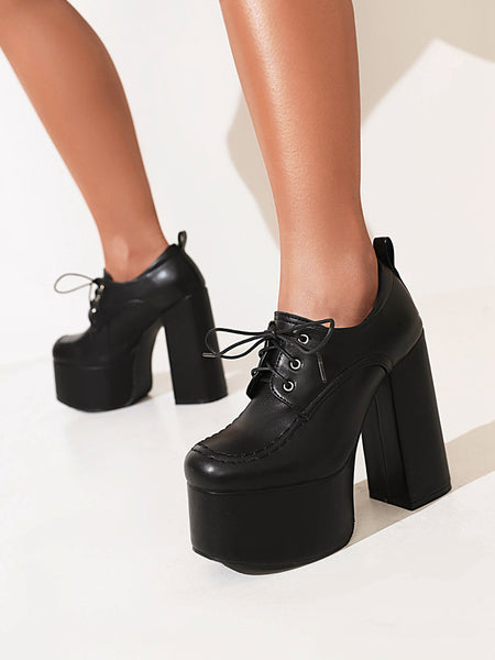 Classic Lace-up Patent Leather Block Chunky High Heels Platform Pumps