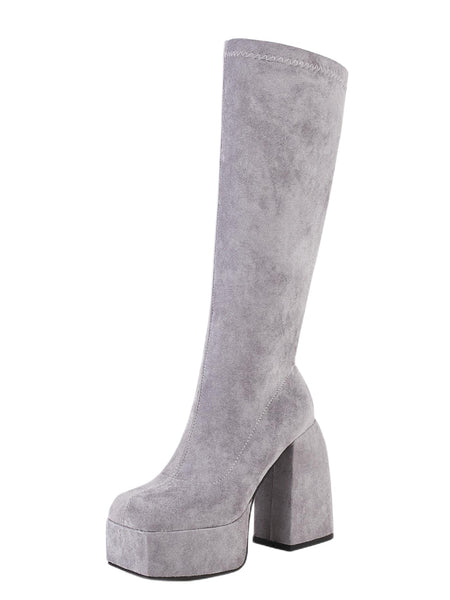 Platform Knee High Suede Stretch Boots Sqaure Toe Chunky Heels