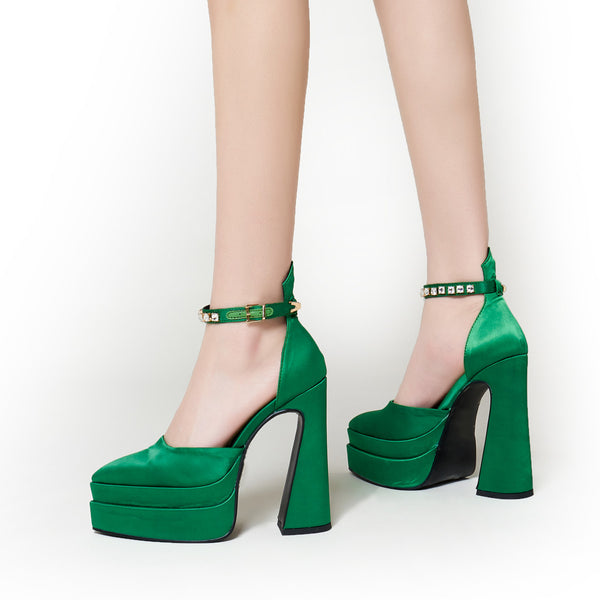 Pointed-toe Platform High Heels Ankle Strap Pumps Satin Shoes for Women