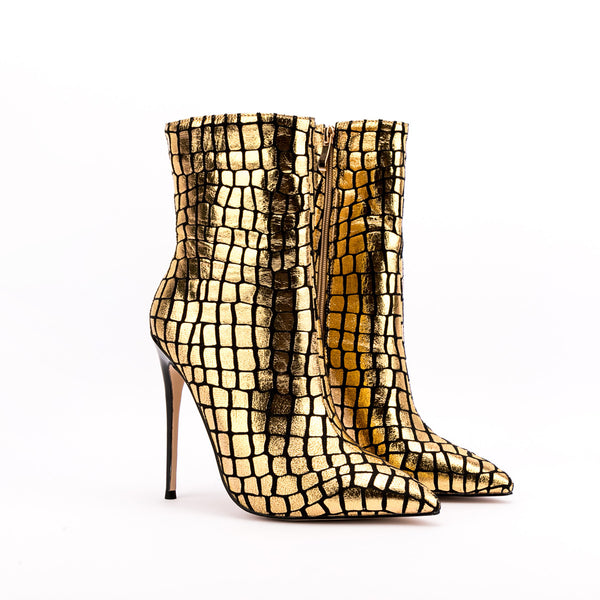 Stiletto Ankle Boots Pointed Toe High Heels Gold Stone Pattern