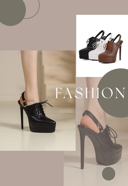 Pointed-toe Platform High Heels Lace-up Stiletto Slingbacks Pumps Shoes for Women