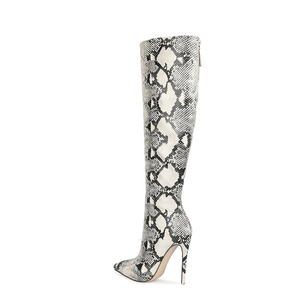 Woman Snakeskin 12cm Stiletto High Heels Pointed-toe Knee-high Long Boots