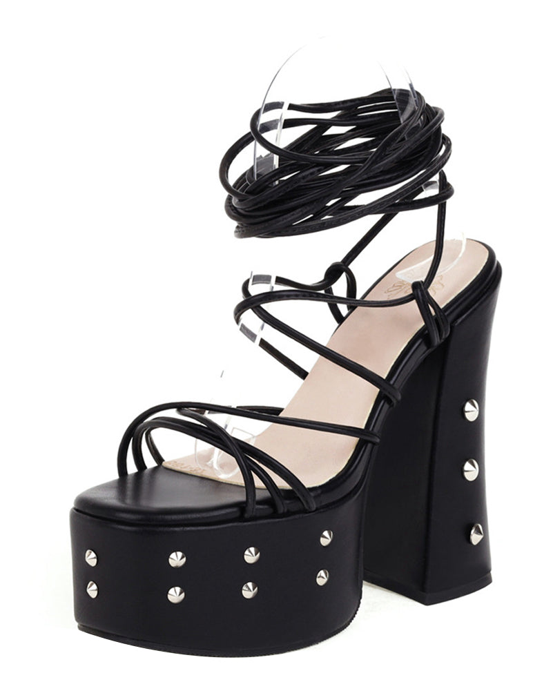 Cross Body Strap Sexy Lace-up High Heels Platform Sandals with Rivets