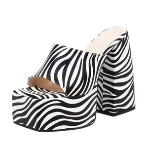 Platform Mules Party Dress Chunky High Heels Zebra Slide Sandals