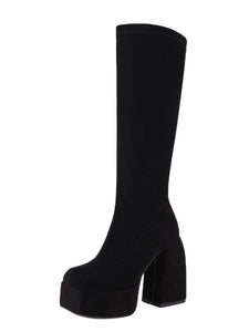 Platform Knee High Suede Stretch Boots Sqaure Toe Chunky Heels