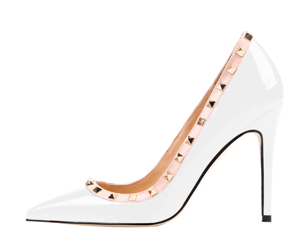 Ladies 10cm Glitter White Patent Rivet High Heel Pumps Studded Party Stilettos for Woman