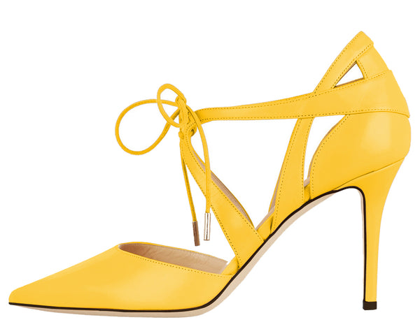 Lace-up 10cm Yellow Pumps Cross Strap Dress Party High Heels for Woman