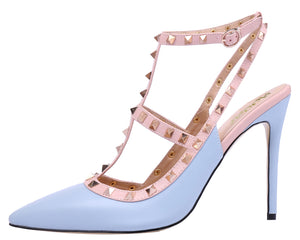 Pointed Toe 10cm Blue & Pink High Heels Glitter Studs Dress Party Pumps for Woman