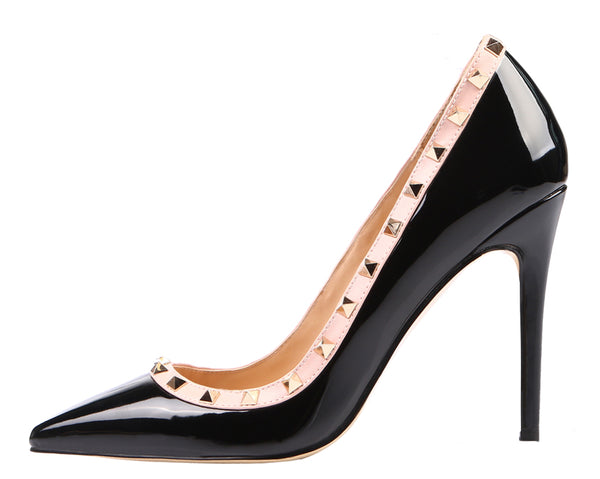 Ladies 10cm Glitter Black Patent Rivet High Heel Pumps Studded Party Stilettos for Woman