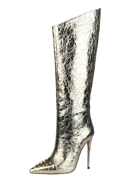 Metallic Stiletto Knee High Boots Sexy Pointed Toe 12cm High Heels with Glitter Studs
