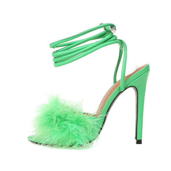Sexy Ankle Strap Stiletto High Heels Plush Feather Sandals
