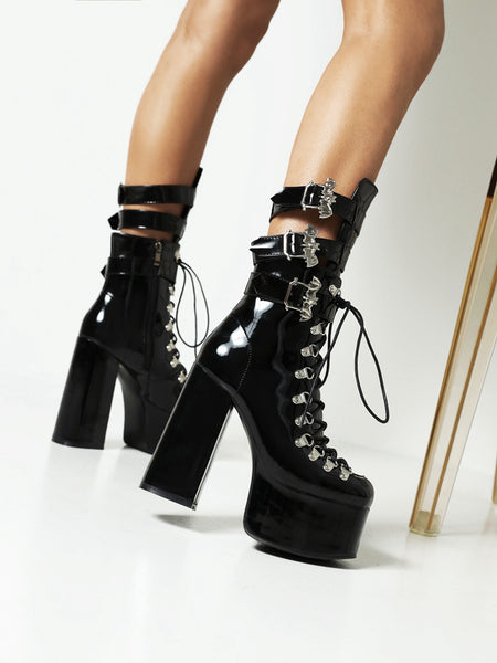 Gothic Buckle Strap Chunky Heel Short Boots