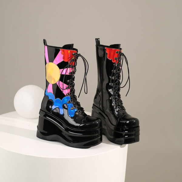 Gothic Mid-calf Platform Boots Wedge Heels with Glitter Sun