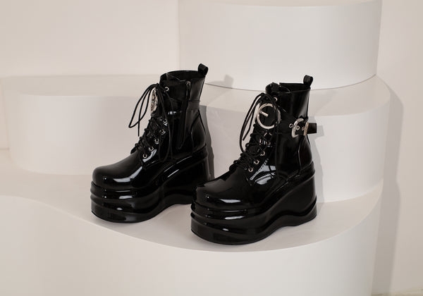 Gothic Platform Ankle Boots Wedge Heels with Lace-up