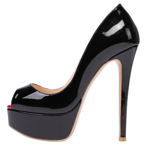 Women Sexy Black Patent Pumps 14cm Peep-toe Party High Heels with platform