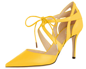 Lace-up 10cm Yellow Pumps Cross Strap Dress Party High Heels for Woman
