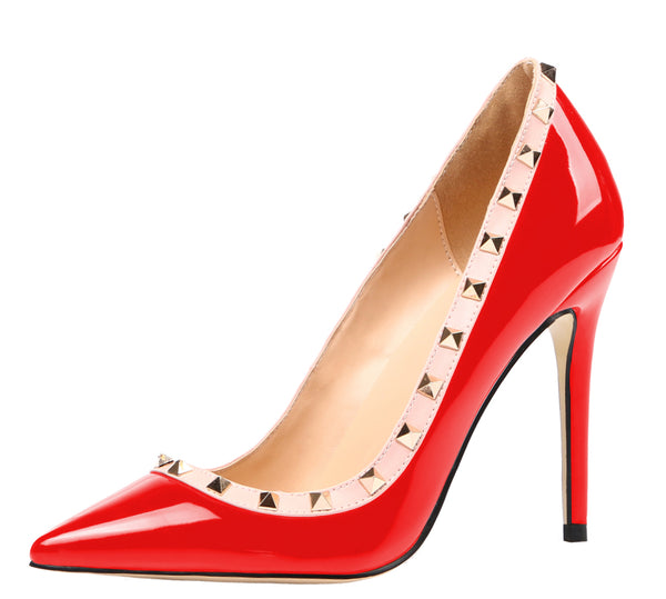 Ladies 10cm Glitter Red Patent Rivet High Heel Pumps Studded Party Stilettos for Woman