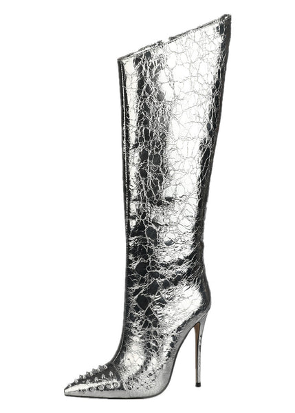 Metallic Stiletto Knee High Boots Sexy Pointed Toe 12cm High Heels with Glitter Studs