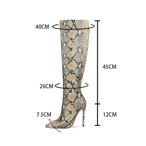Woman Snakeskin 12cm Stiletto High Heels Pointed-toe Knee-high Long Boots