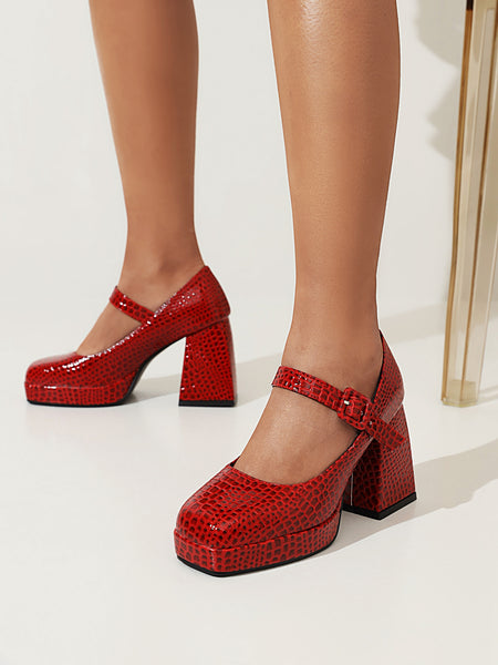 Mary Janes Sqaure Toe Animal-print Platform Pumps Chunky Heels for Women