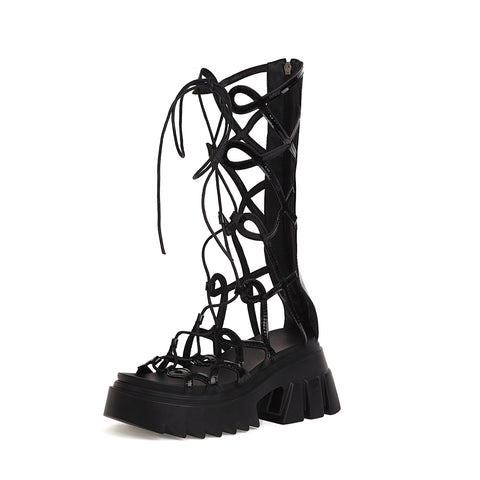 Lace-up Sandal Boots Black Gothic Platform High Heels Roman Shoes