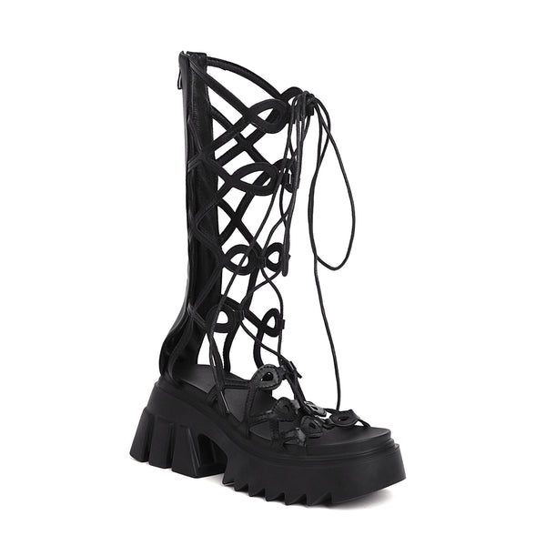 Lace-up Sandal Boots Black Gothic Platform High Heels Roman Shoes