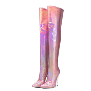 Metallic Patent Stiletto Overknee Boots Glitter Iridescent heels for Women