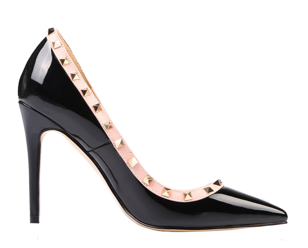 Ladies 10cm Glitter Black Patent Rivet High Heel Pumps Studded Party Stilettos for Woman