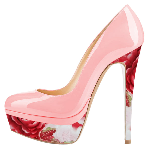 Women Sexy 14cm Pink Floral Pumps Party High Heels with platform