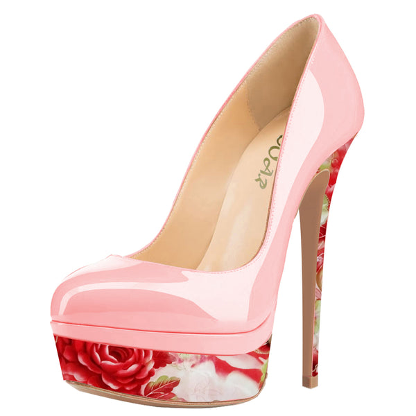 Women Sexy 14cm Pink Floral Pumps Party High Heels with platform