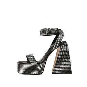 Ankle Strap Studded Chunky High Heels Glitter Strappy Sandals