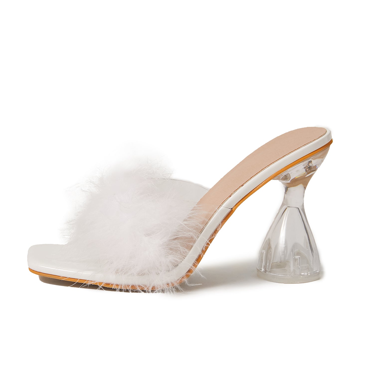 Transparent Mules Feather Sandals Sqaure Open Toe Clear High Heels