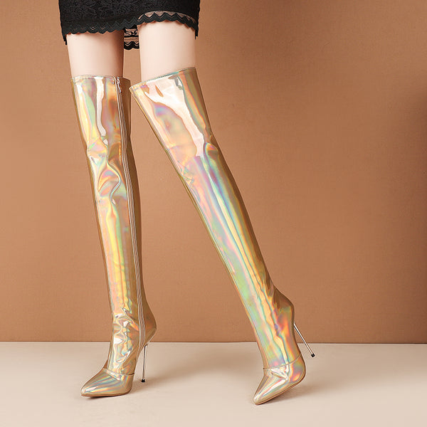 Metallic Patent Stiletto Overknee Boots Glitter Iridescent heels for Women
